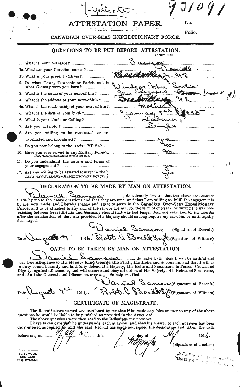 Dossiers du Personnel de la Première Guerre mondiale - CEC 619644a