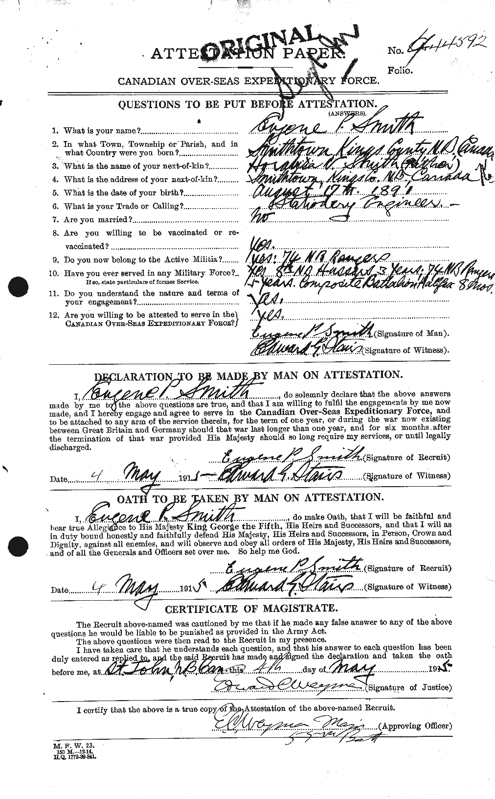 Dossiers du Personnel de la Première Guerre mondiale - CEC 621235a