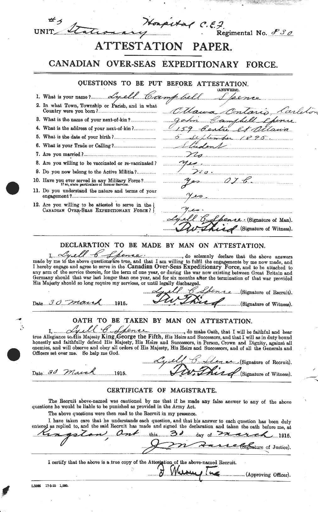 Dossiers du Personnel de la Première Guerre mondiale - CEC 621393a