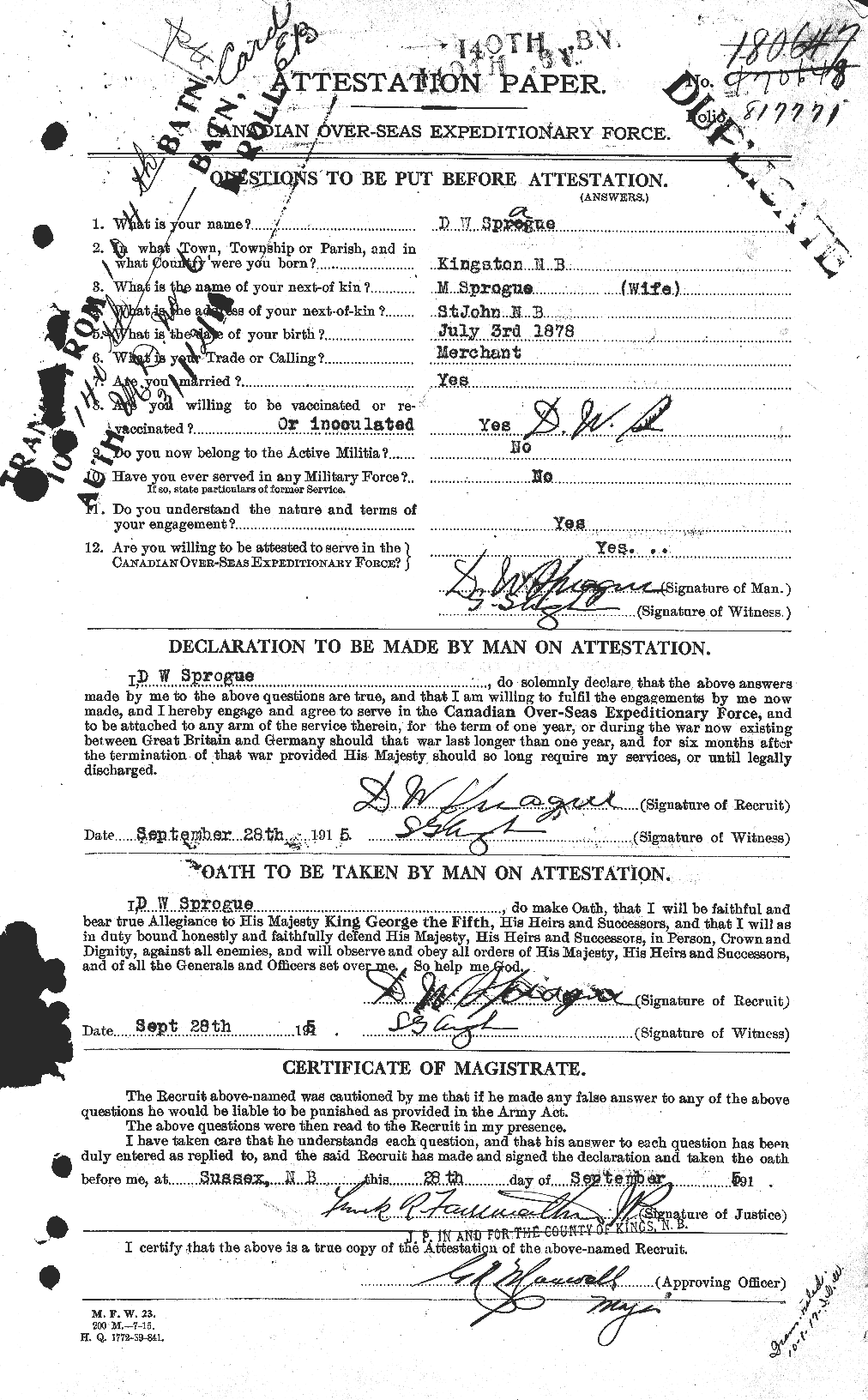 Dossiers du Personnel de la Première Guerre mondiale - CEC 621460a