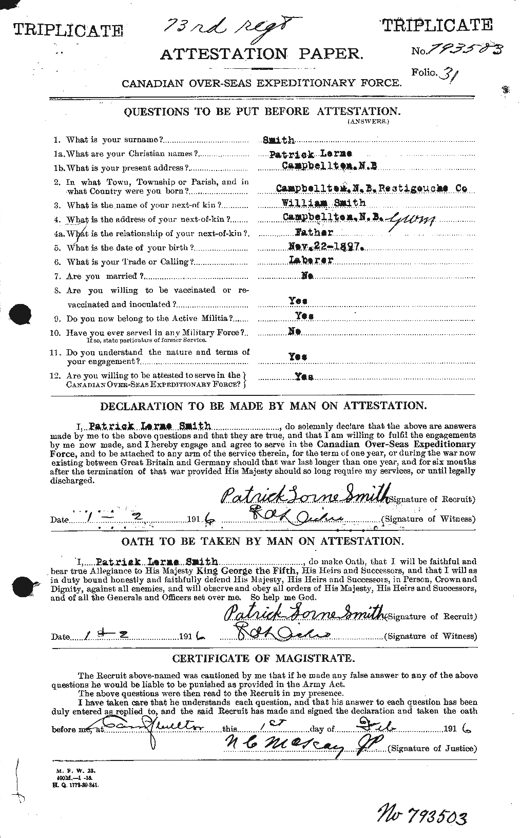 Dossiers du Personnel de la Première Guerre mondiale - CEC 622136a