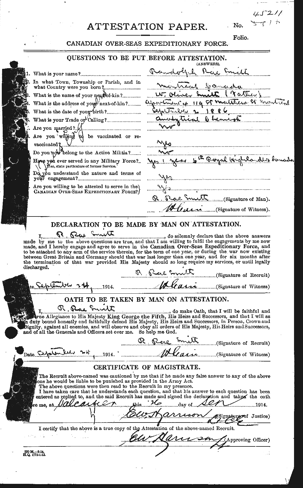 Dossiers du Personnel de la Première Guerre mondiale - CEC 622239a