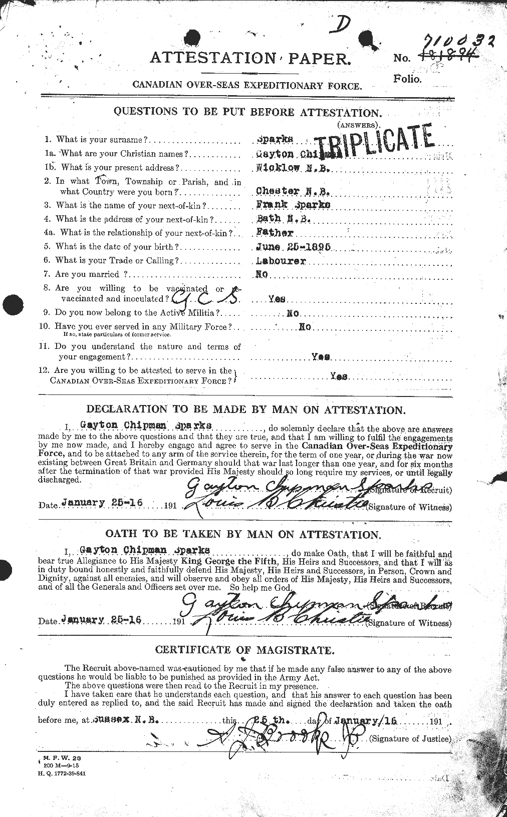 Dossiers du Personnel de la Première Guerre mondiale - CEC 622312a