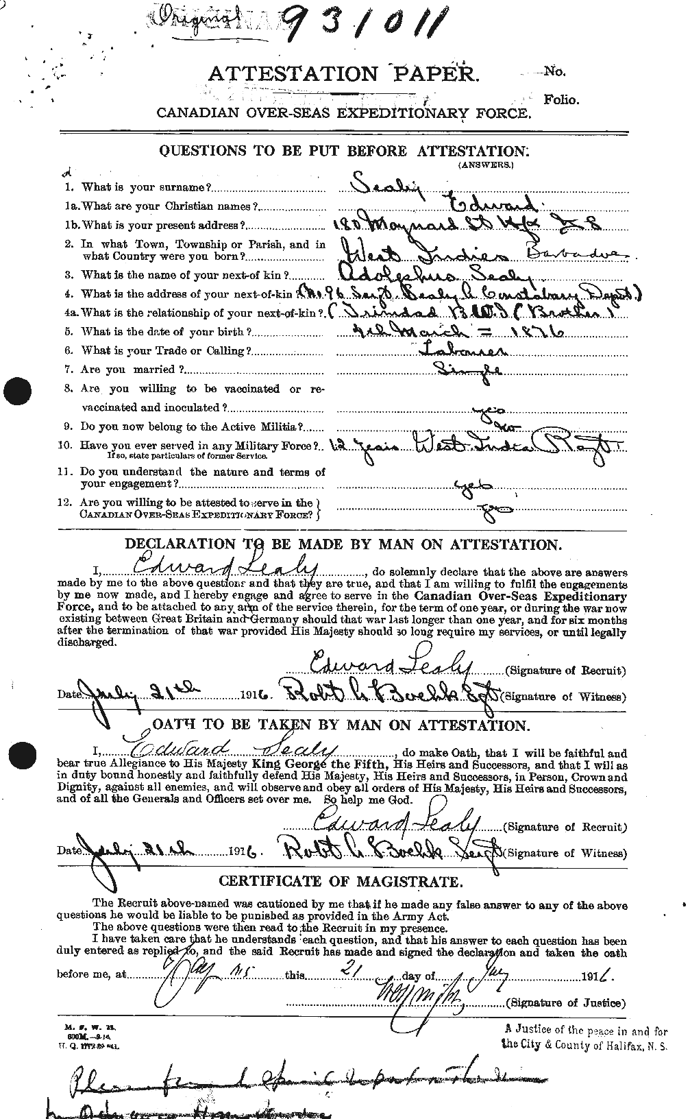 Dossiers du Personnel de la Première Guerre mondiale - CEC 622392a