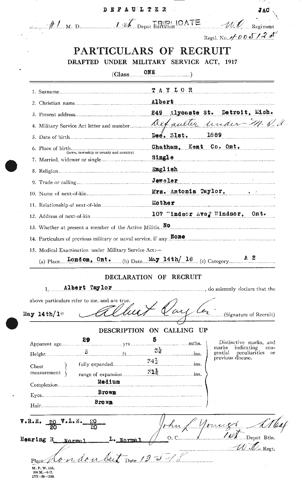 Dossiers du Personnel de la Première Guerre mondiale - CEC 622777a