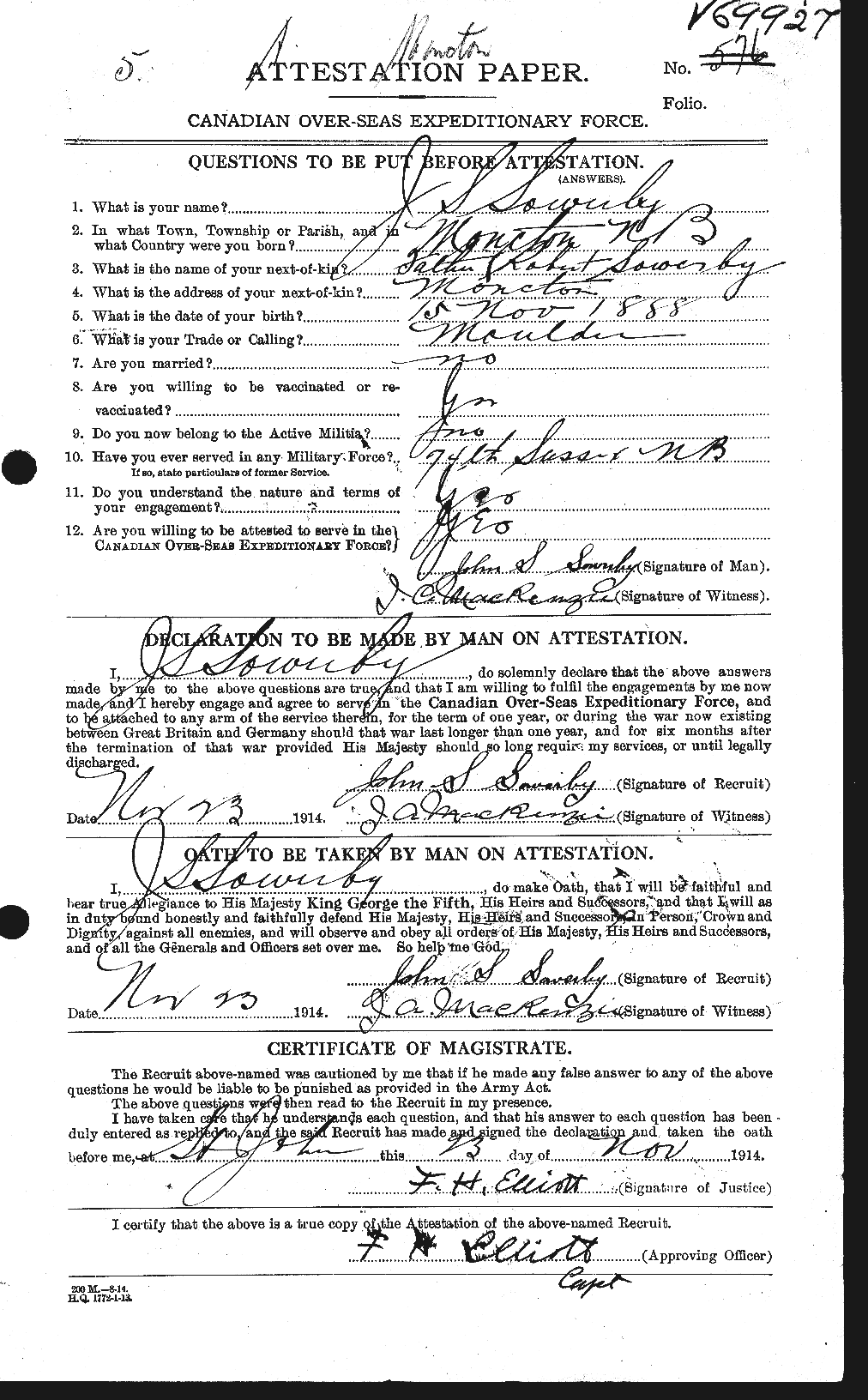 Dossiers du Personnel de la Première Guerre mondiale - CEC 624397a
