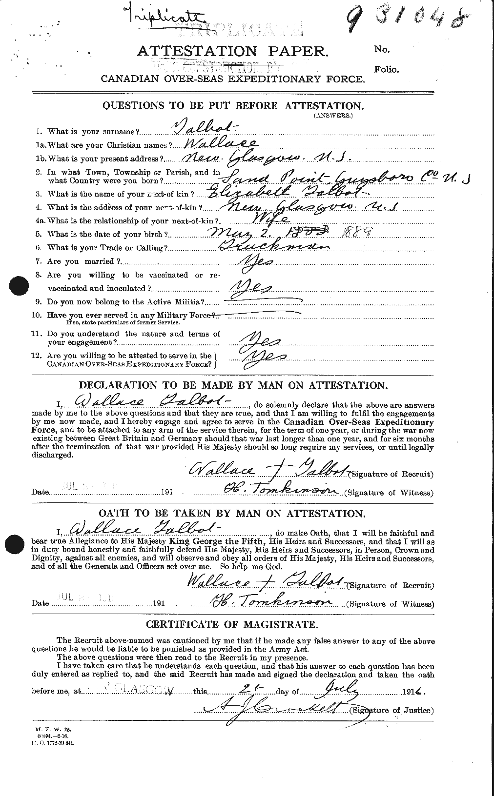 Dossiers du Personnel de la Première Guerre mondiale - CEC 624908a