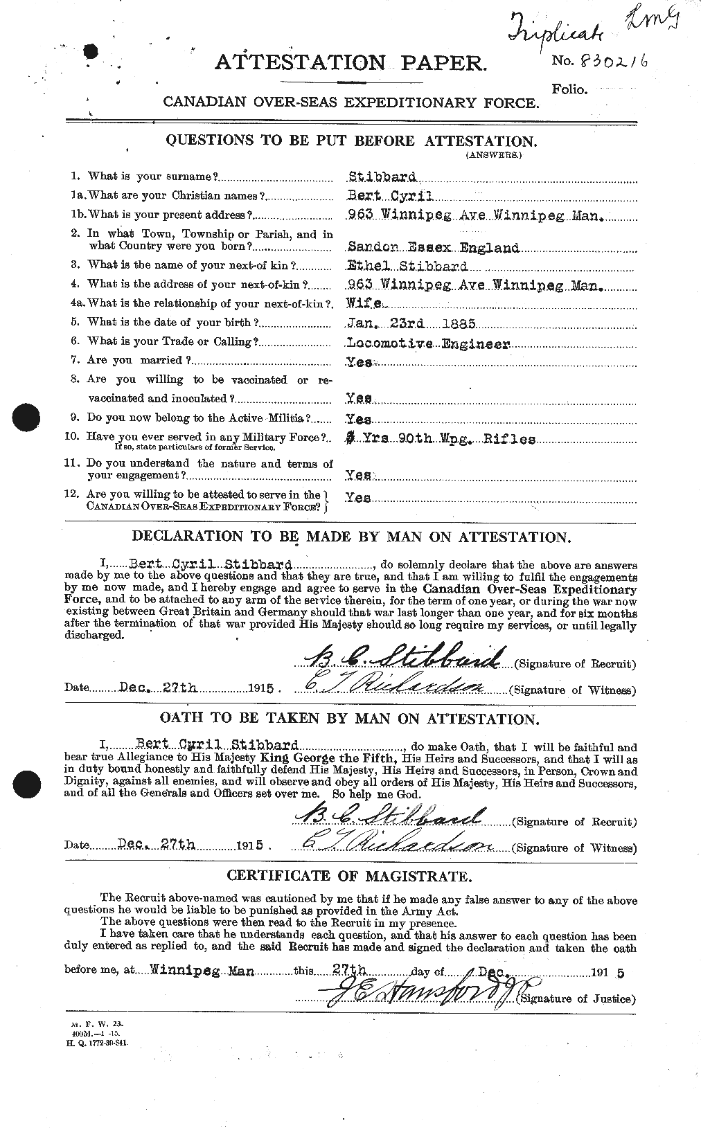 Dossiers du Personnel de la Première Guerre mondiale - CEC 624983a