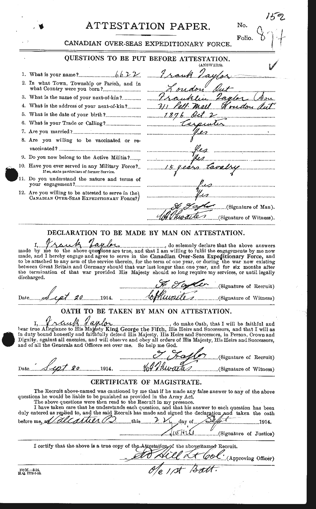 Dossiers du Personnel de la Première Guerre mondiale - CEC 625691a