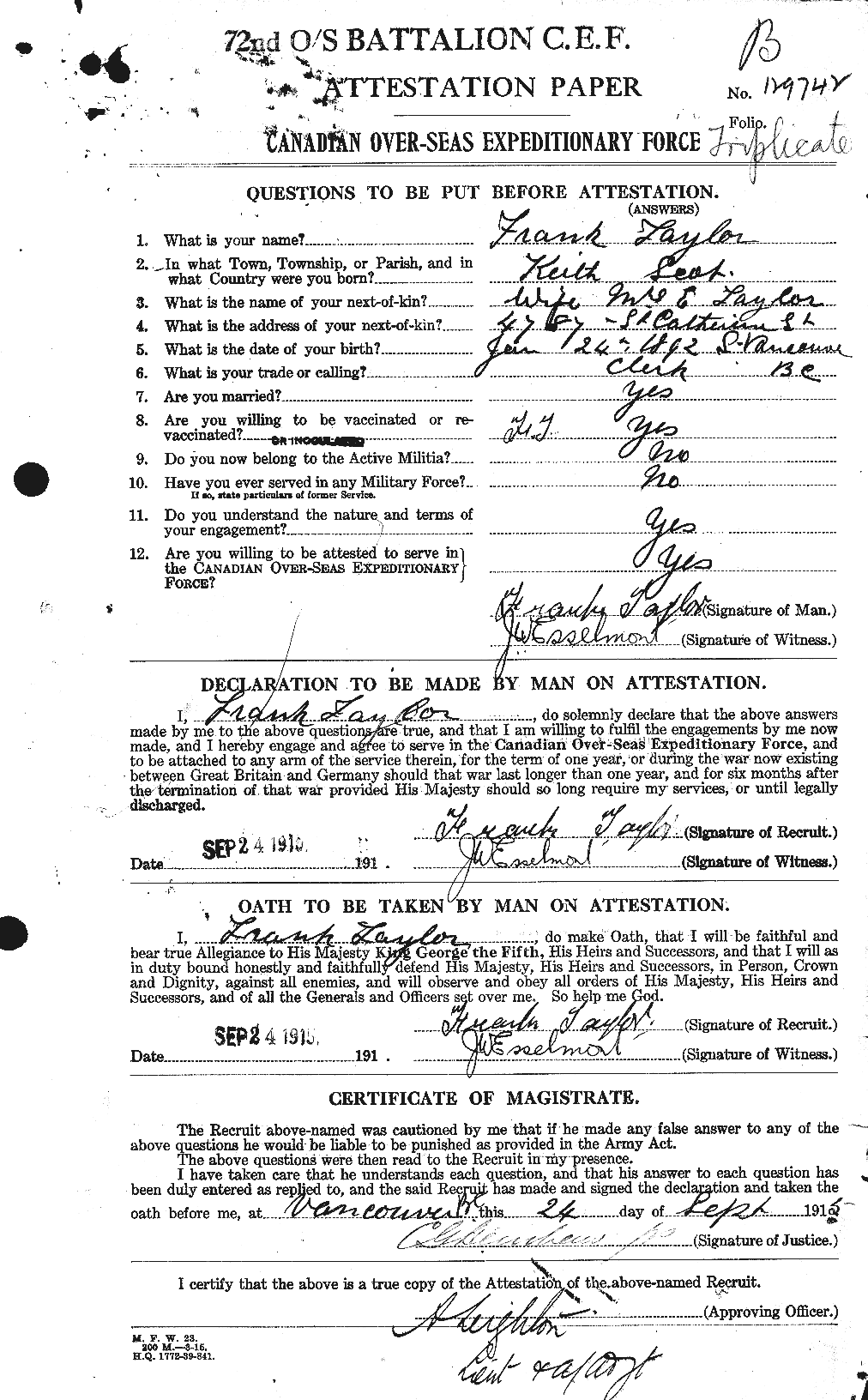 Dossiers du Personnel de la Première Guerre mondiale - CEC 625700a