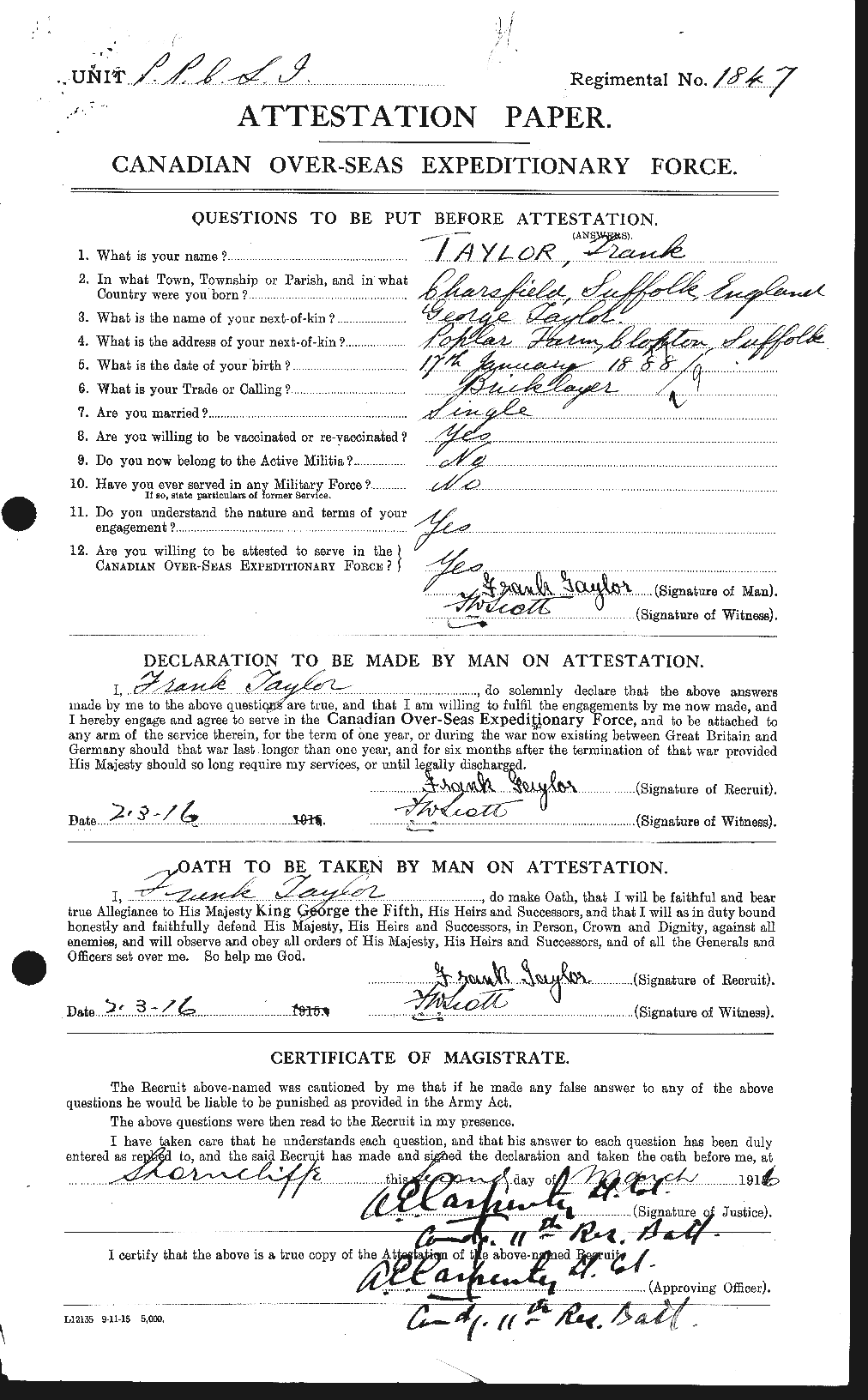 Dossiers du Personnel de la Première Guerre mondiale - CEC 625706a