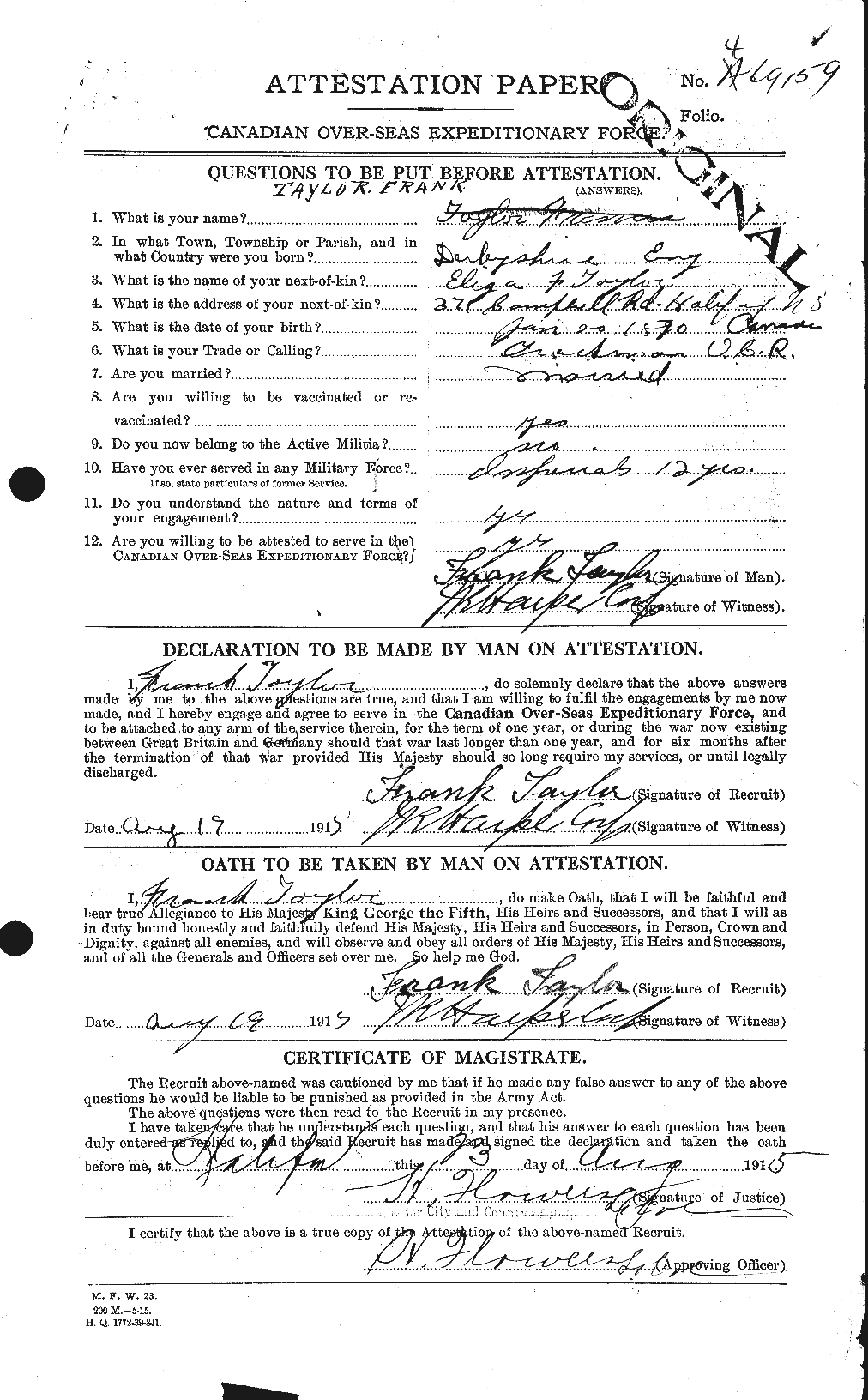 Dossiers du Personnel de la Première Guerre mondiale - CEC 625714a