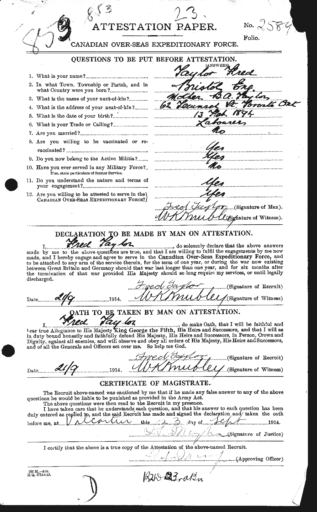Dossiers du Personnel de la Première Guerre mondiale - CEC 625738a