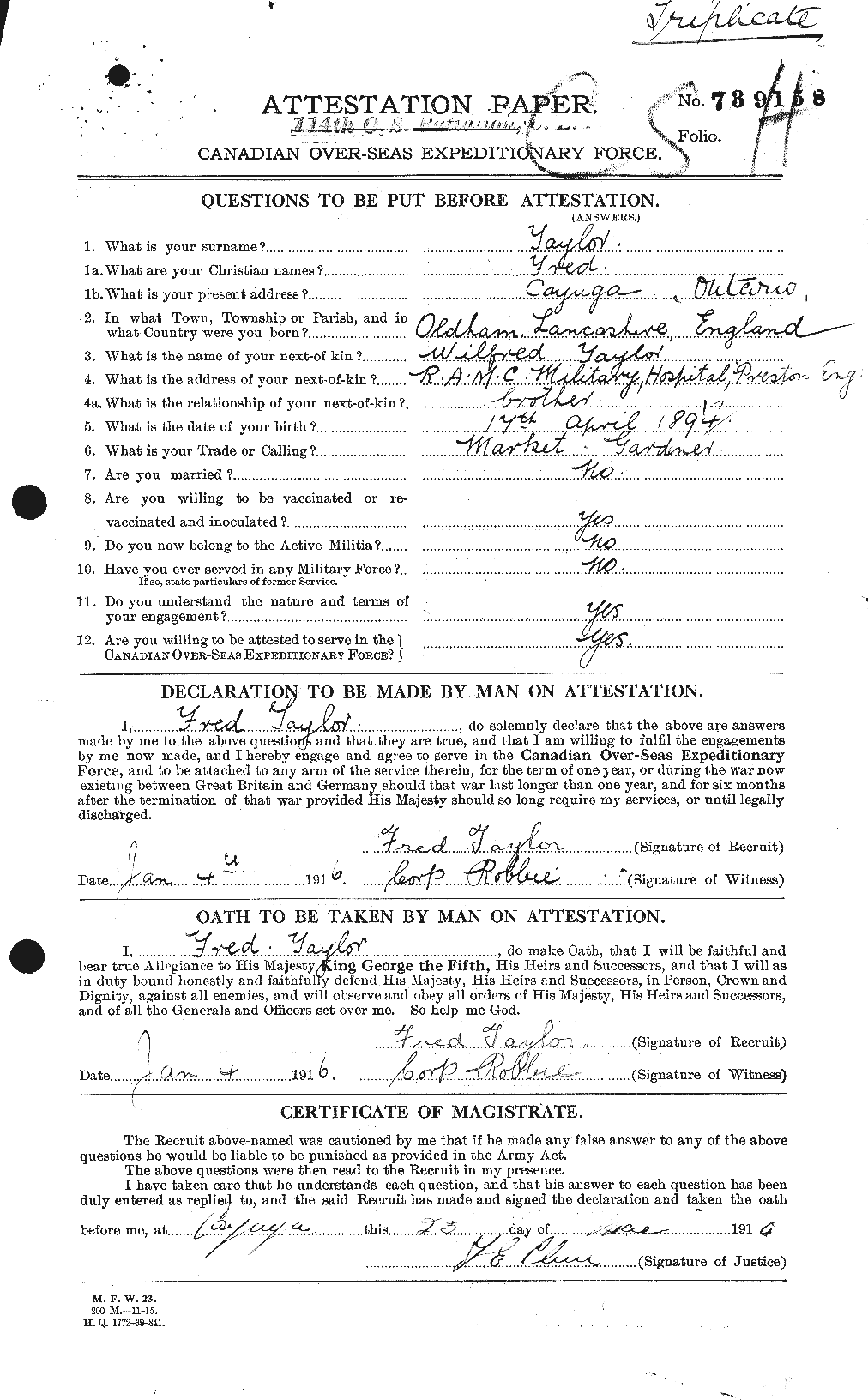 Dossiers du Personnel de la Première Guerre mondiale - CEC 625746a