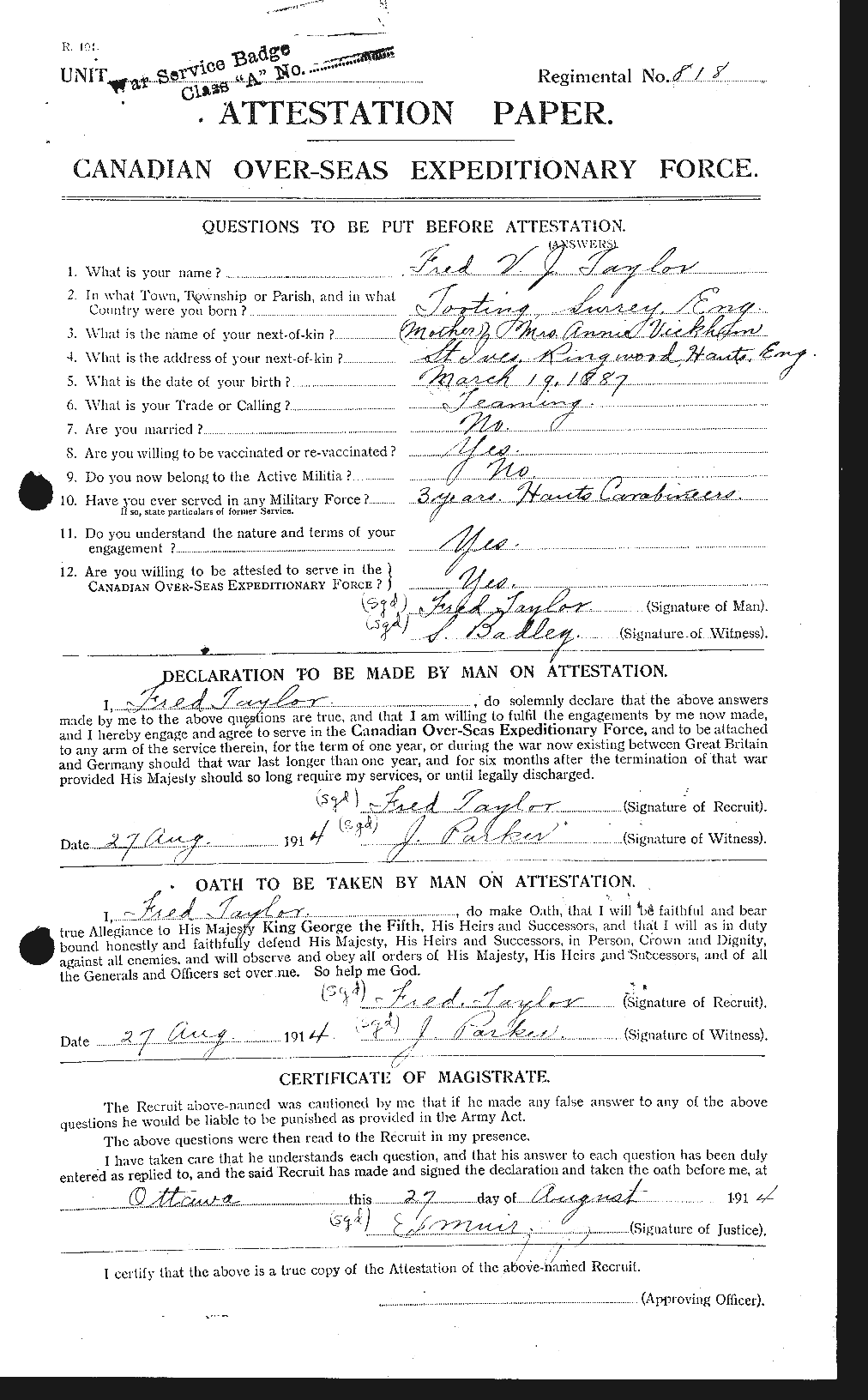 Personnel Records of the First World War - CEF 625757a
