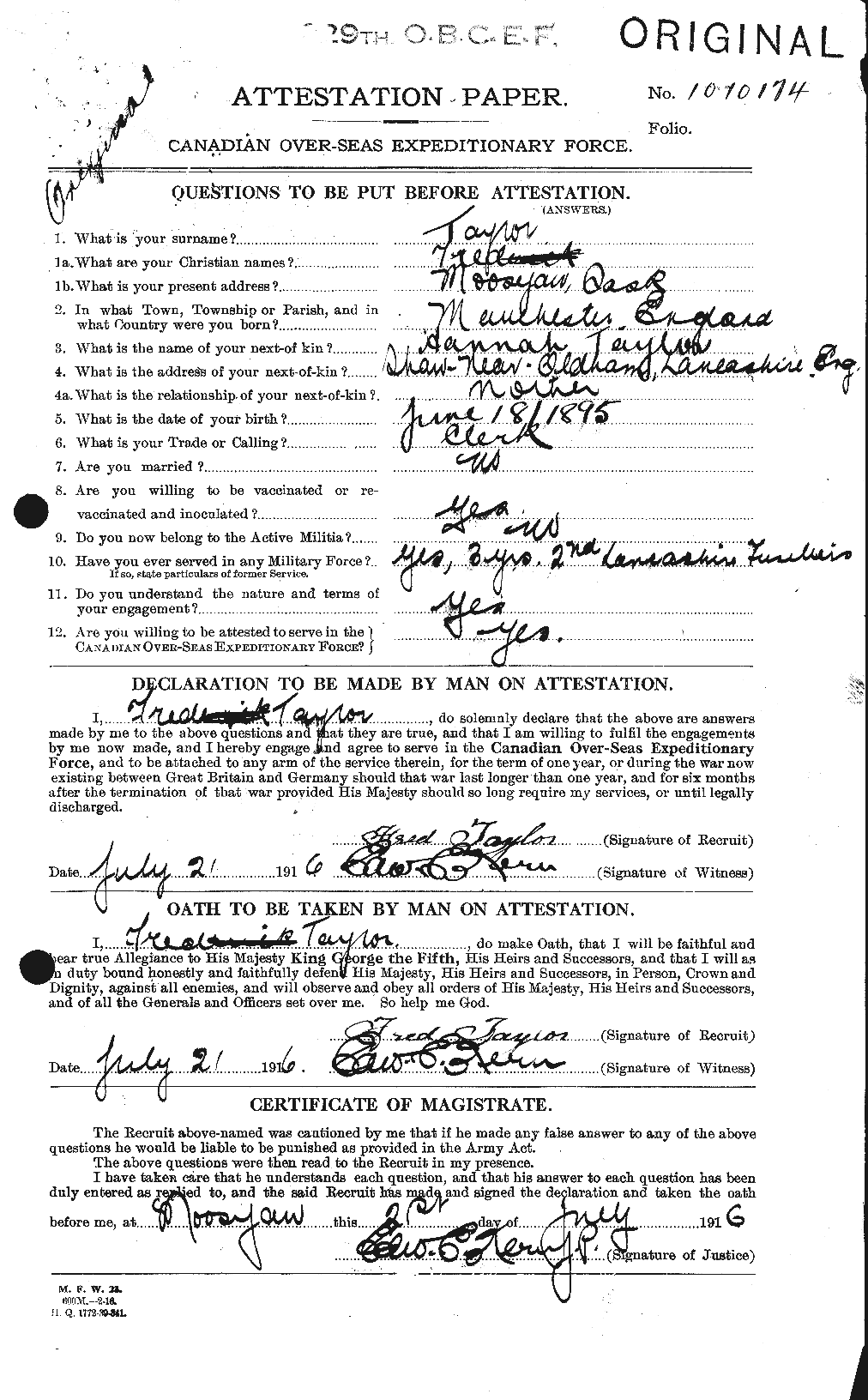 Dossiers du Personnel de la Première Guerre mondiale - CEC 625784a