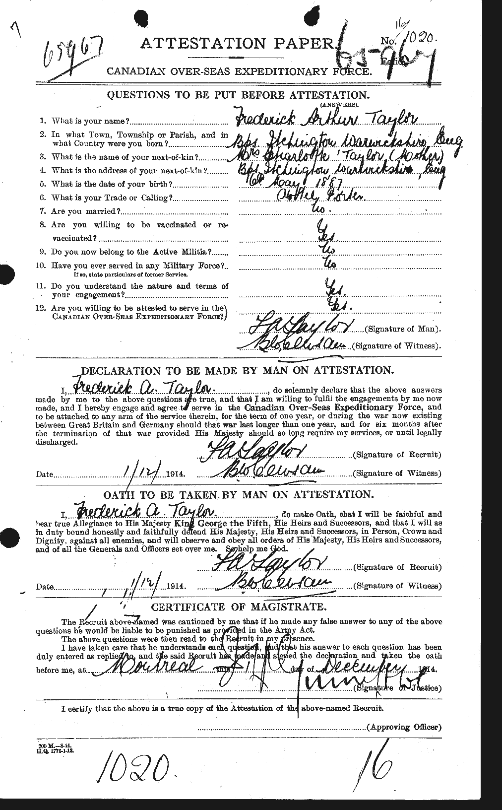 Dossiers du Personnel de la Première Guerre mondiale - CEC 625789a