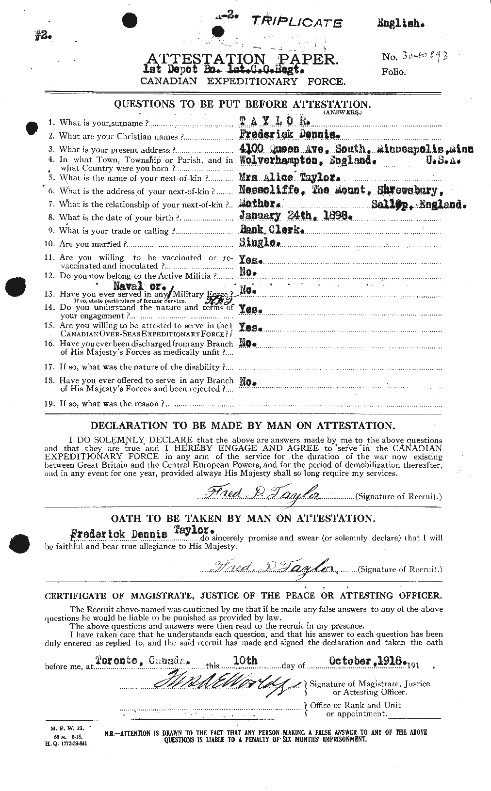 Dossiers du Personnel de la Première Guerre mondiale - CEC 625795a