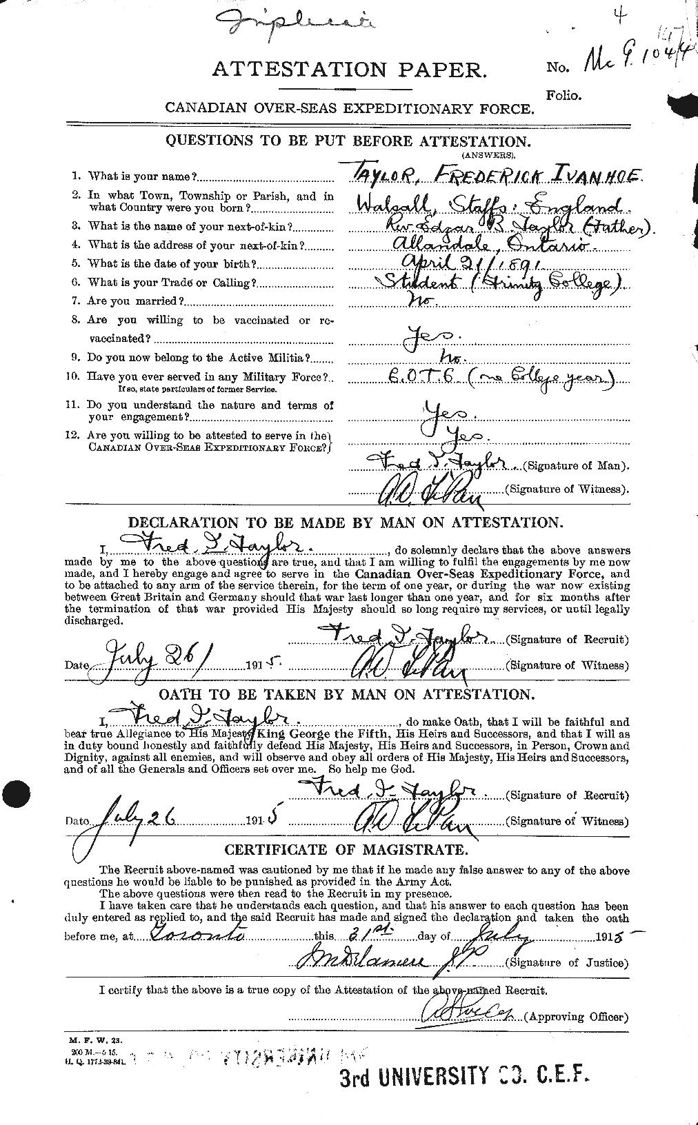 Dossiers du Personnel de la Première Guerre mondiale - CEC 625807a