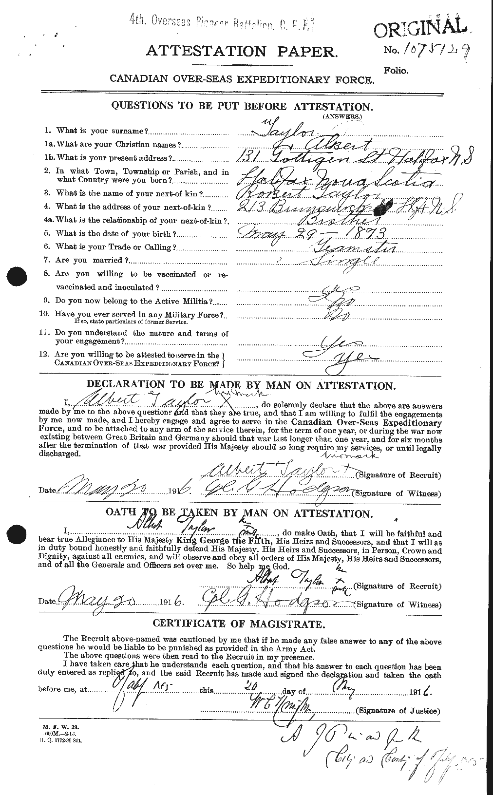 Dossiers du Personnel de la Première Guerre mondiale - CEC 626085a