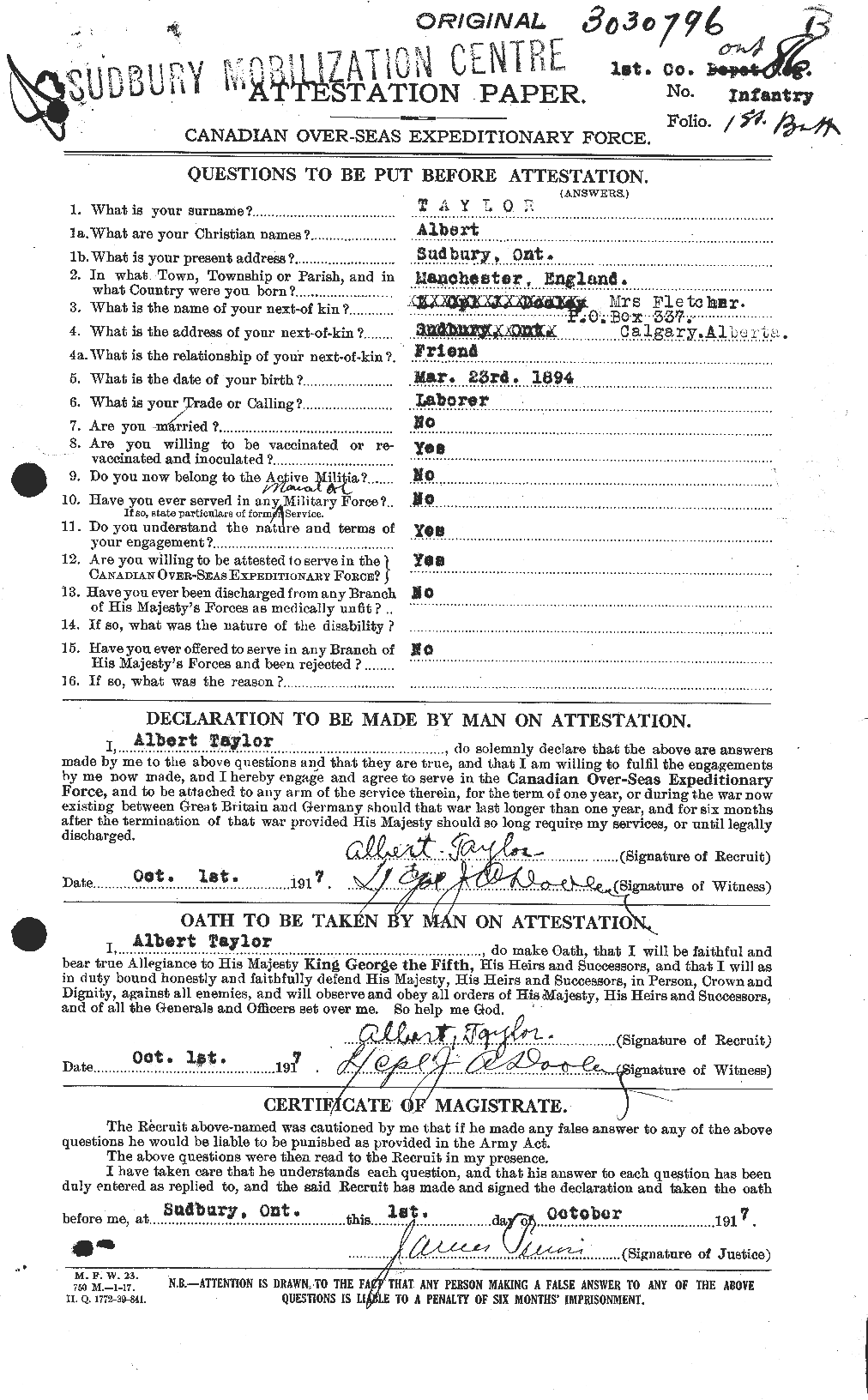 Dossiers du Personnel de la Première Guerre mondiale - CEC 626086a