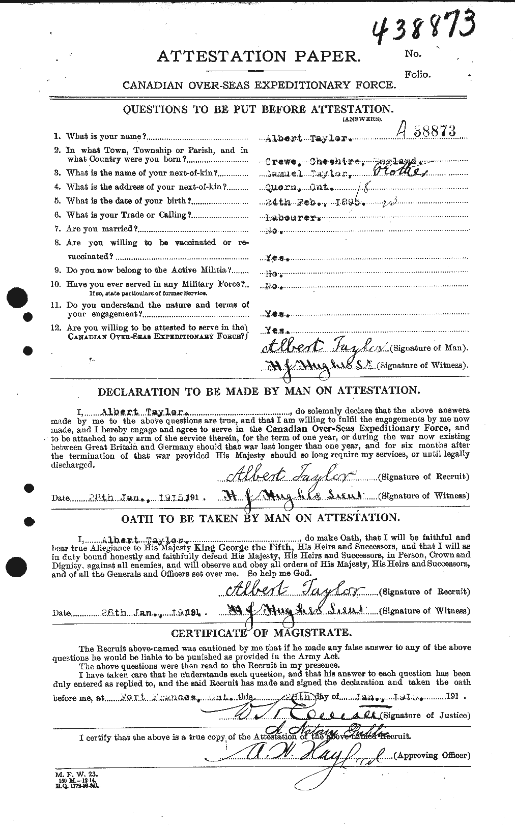 Dossiers du Personnel de la Première Guerre mondiale - CEC 626091a