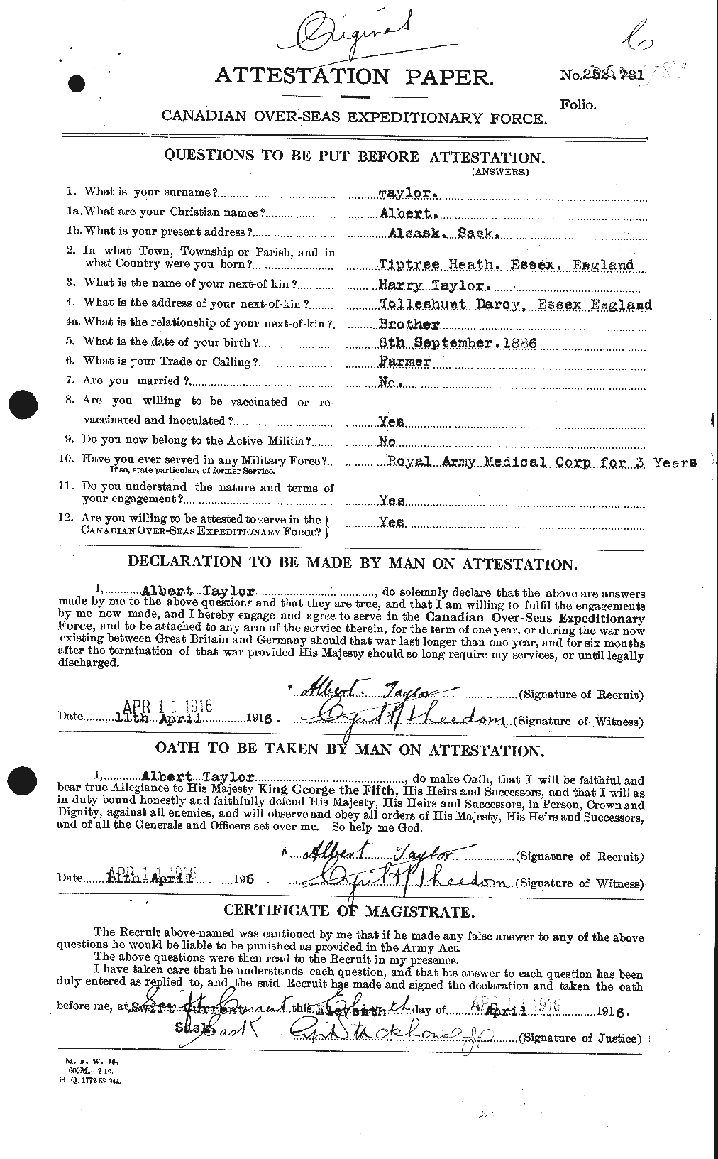 Dossiers du Personnel de la Première Guerre mondiale - CEC 626092a
