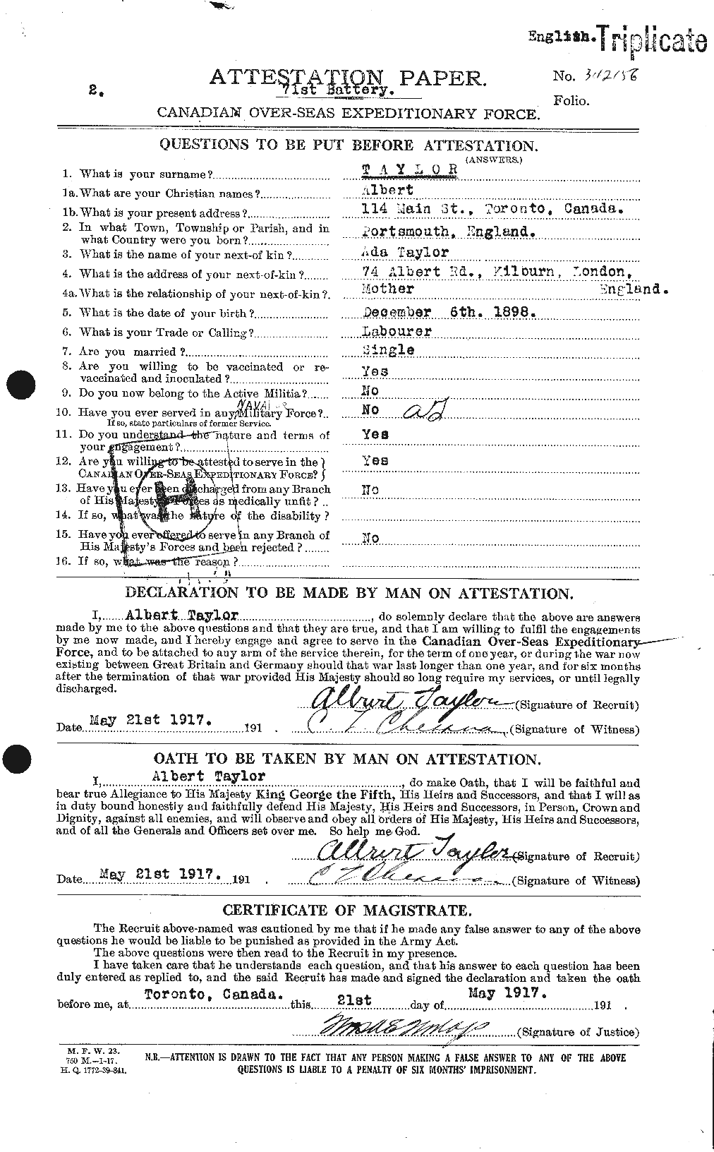 Dossiers du Personnel de la Première Guerre mondiale - CEC 626097a