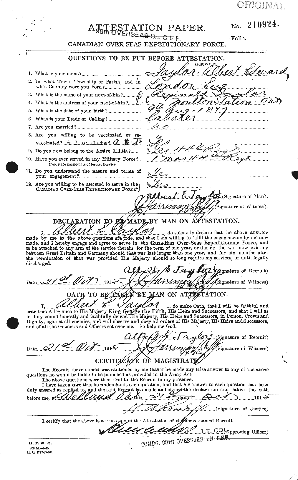 Dossiers du Personnel de la Première Guerre mondiale - CEC 626106a