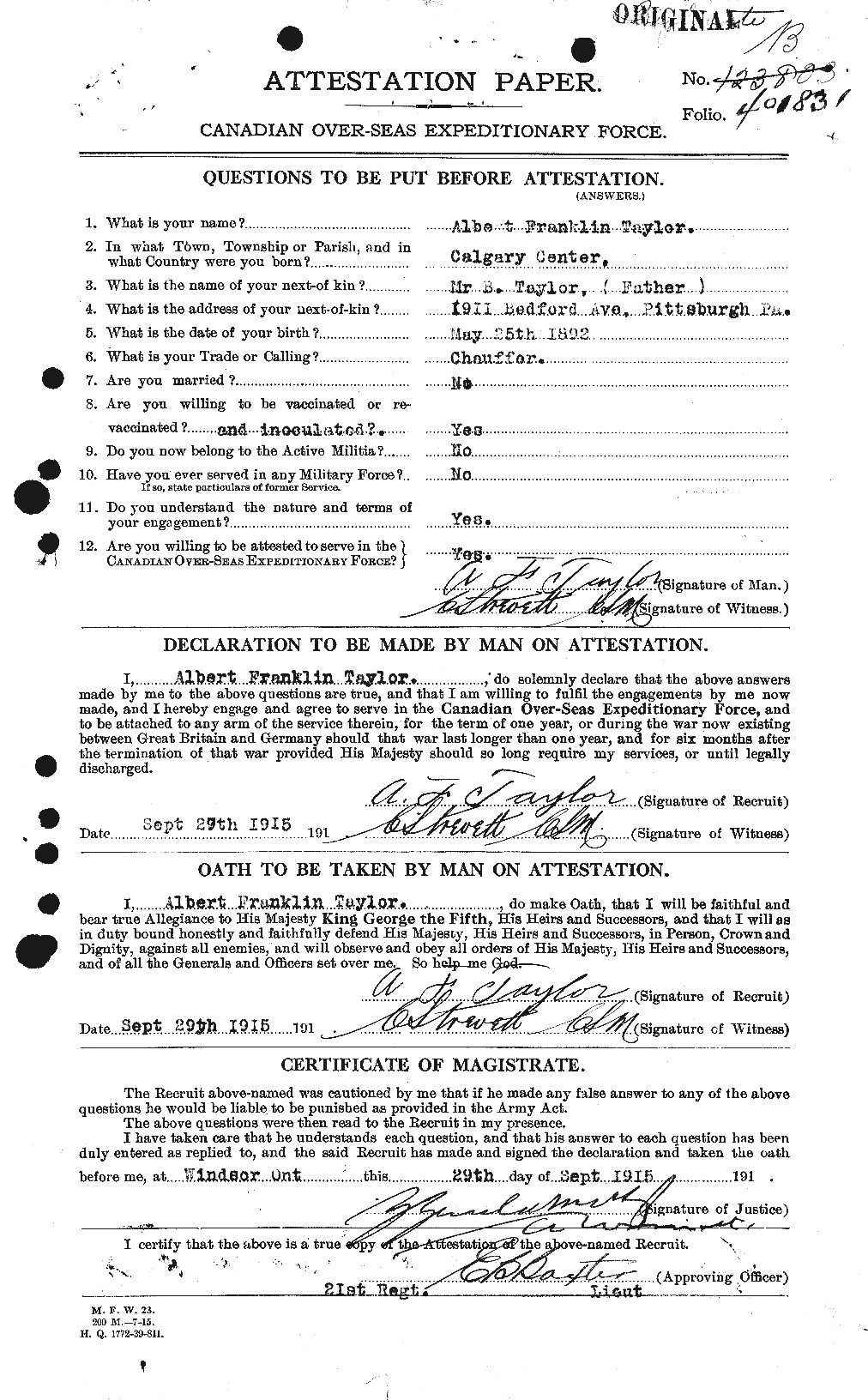 Dossiers du Personnel de la Première Guerre mondiale - CEC 626111a