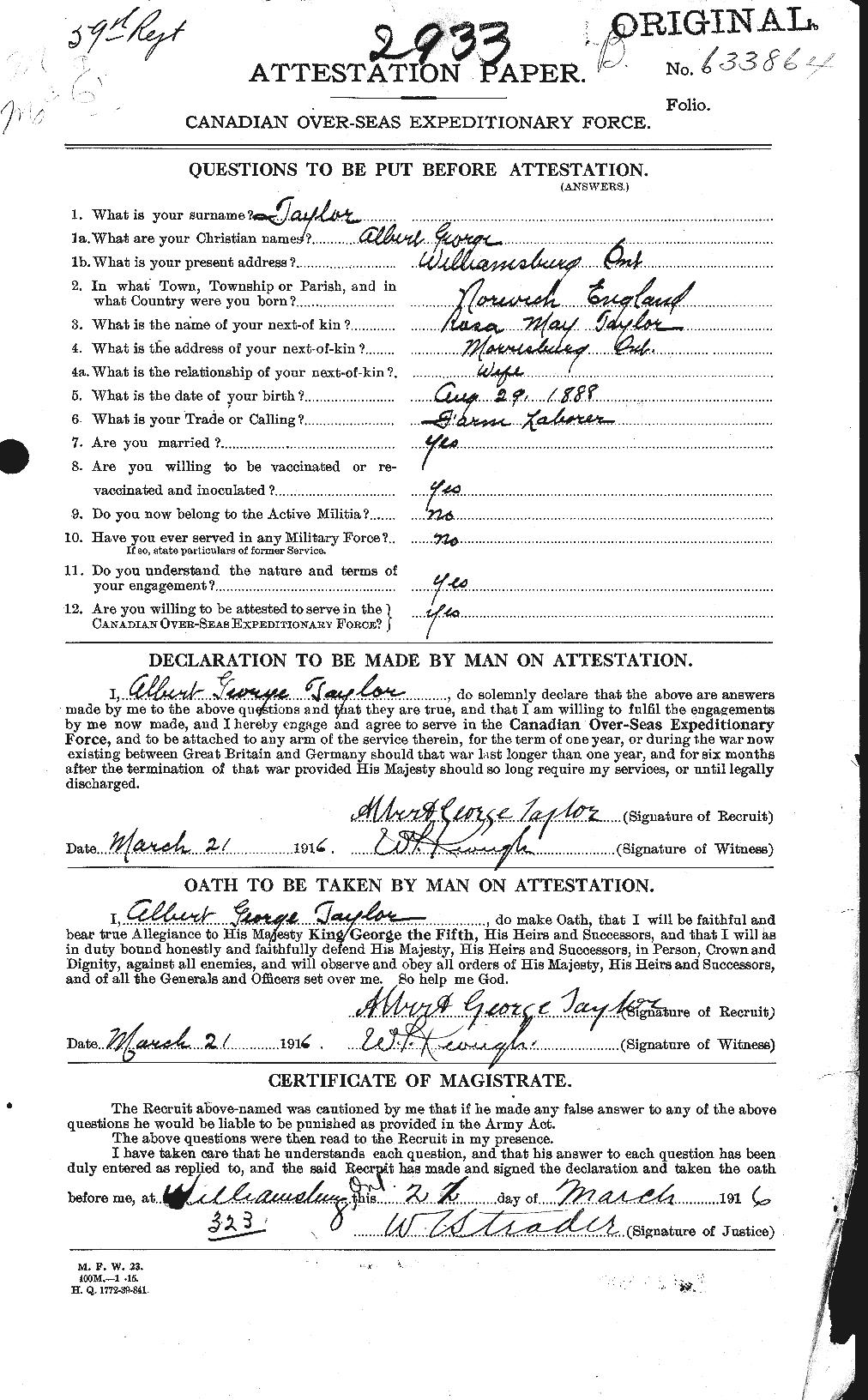 Dossiers du Personnel de la Première Guerre mondiale - CEC 626116a