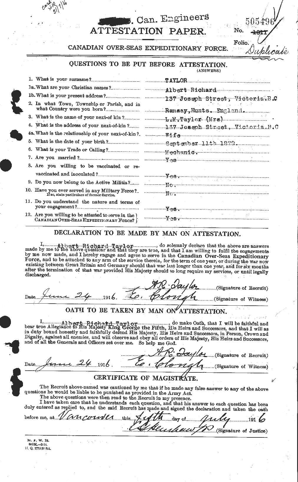 Dossiers du Personnel de la Première Guerre mondiale - CEC 626124a