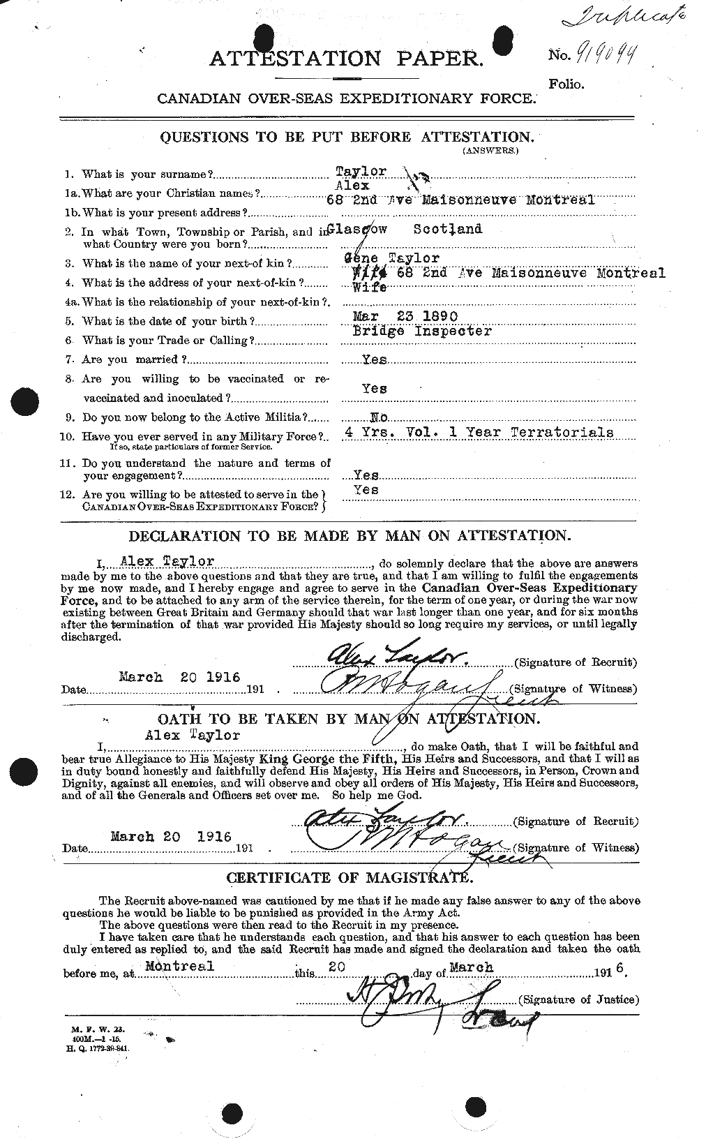 Dossiers du Personnel de la Première Guerre mondiale - CEC 626131a