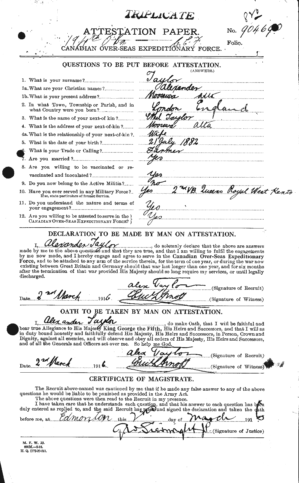 Dossiers du Personnel de la Première Guerre mondiale - CEC 626140a