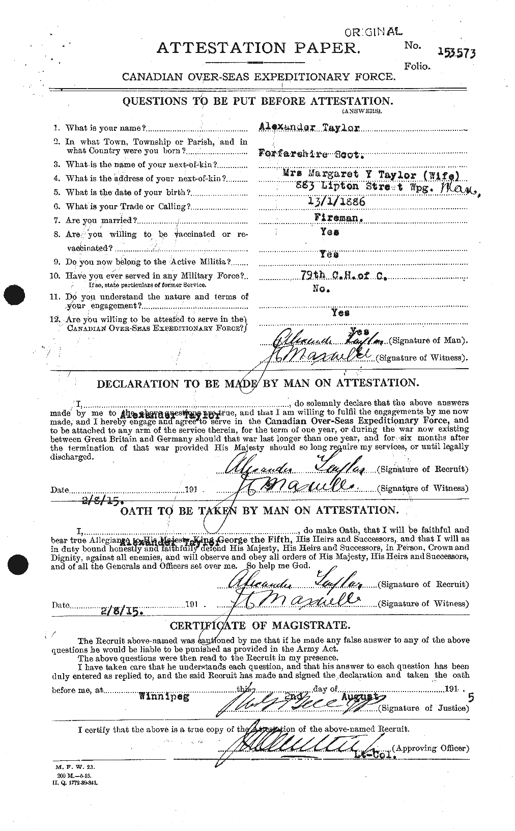 Dossiers du Personnel de la Première Guerre mondiale - CEC 626143a