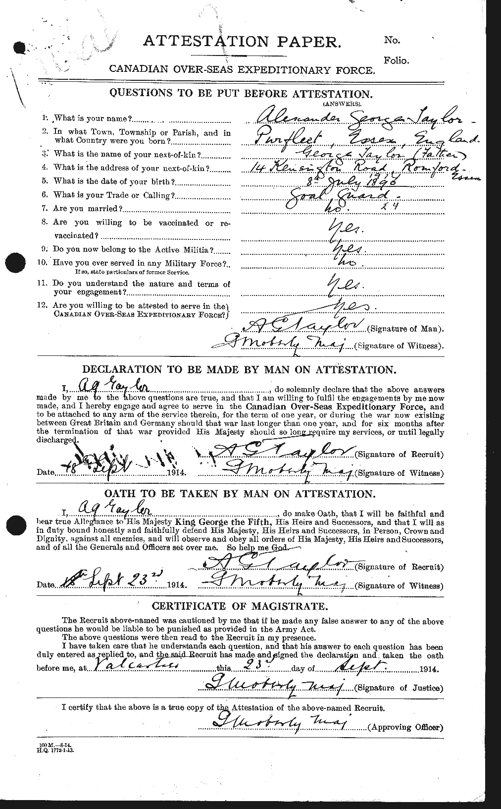 Dossiers du Personnel de la Première Guerre mondiale - CEC 626152a