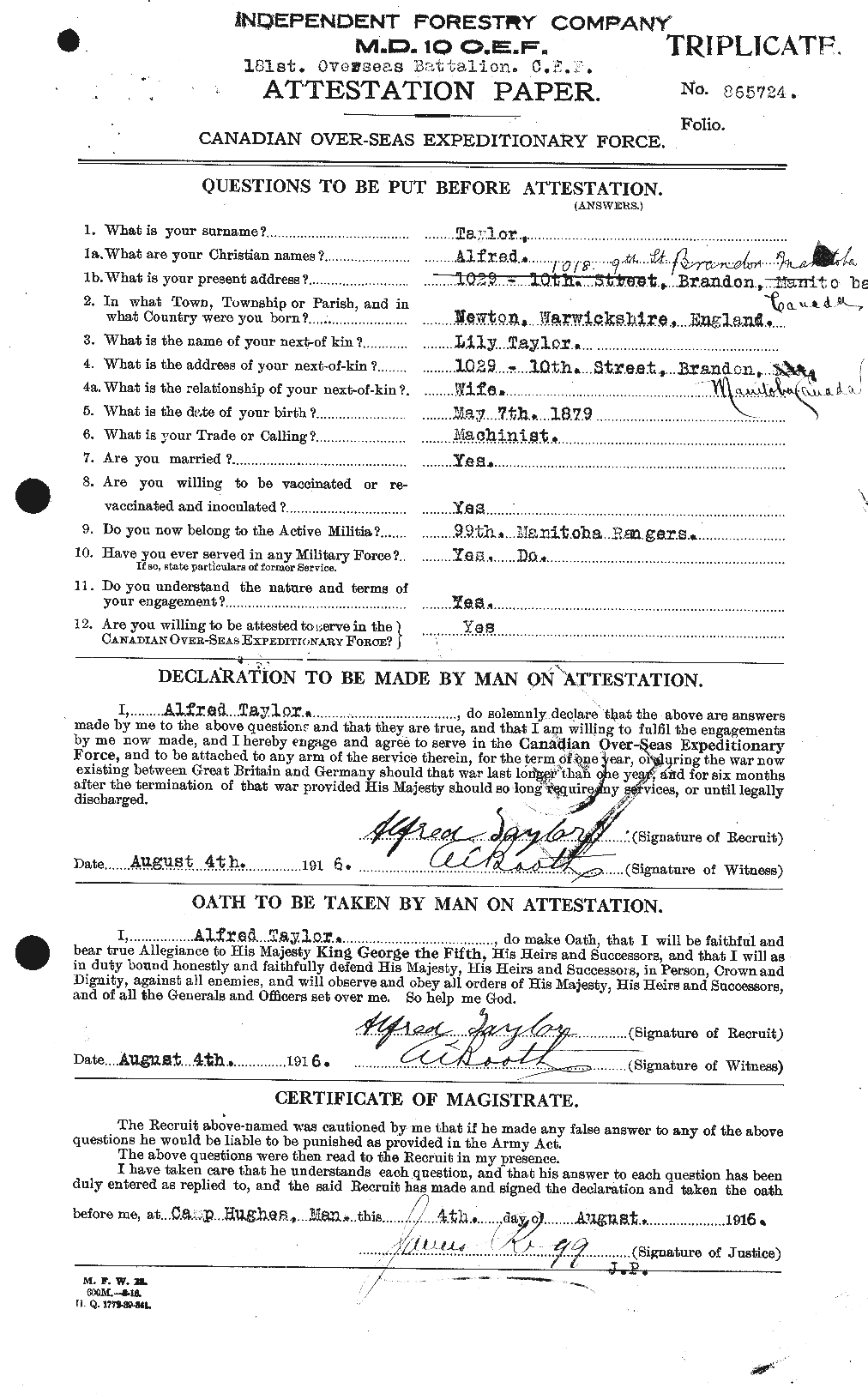 Dossiers du Personnel de la Première Guerre mondiale - CEC 626161a