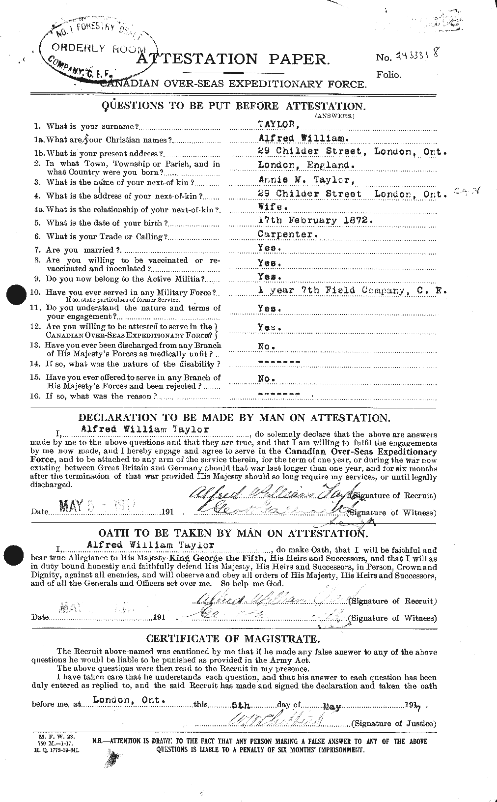 Dossiers du Personnel de la Première Guerre mondiale - CEC 626199a
