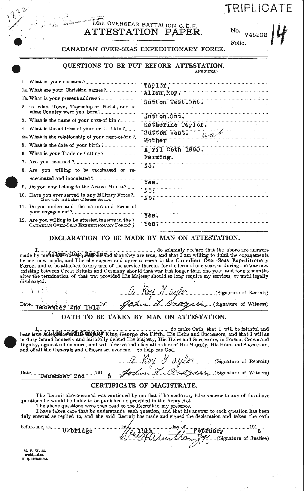 Dossiers du Personnel de la Première Guerre mondiale - CEC 626211a