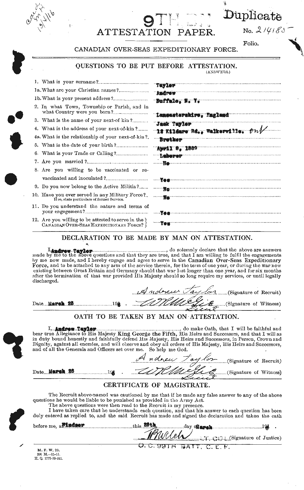 Dossiers du Personnel de la Première Guerre mondiale - CEC 626221a