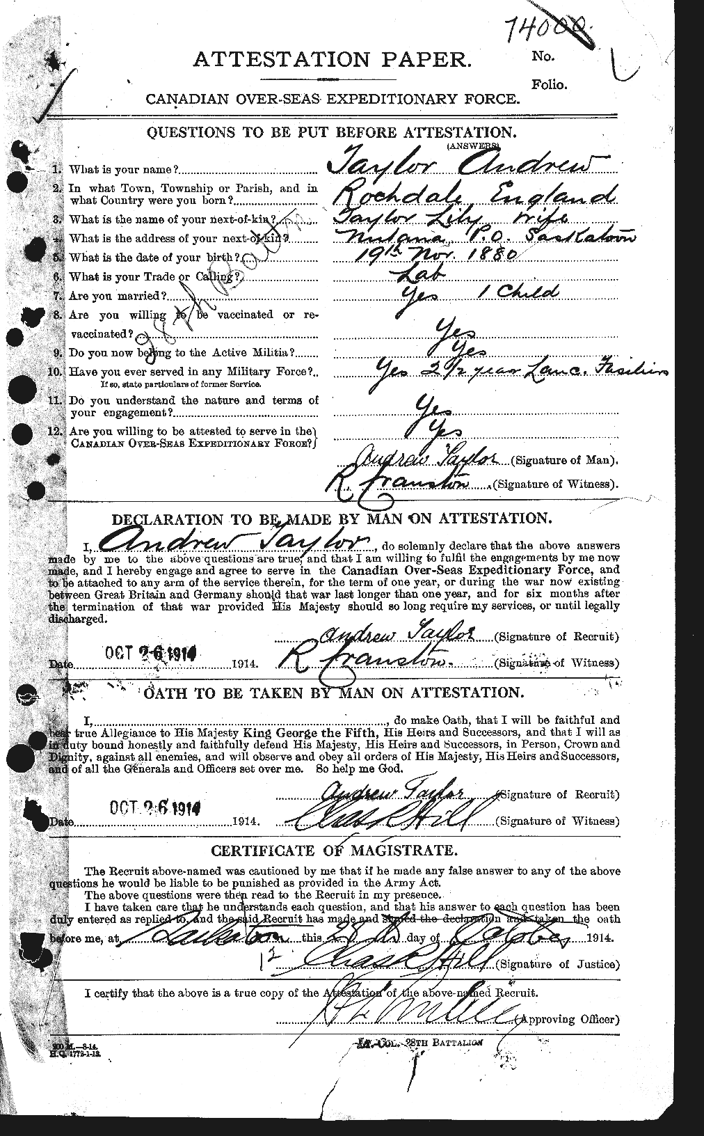 Dossiers du Personnel de la Première Guerre mondiale - CEC 626224a
