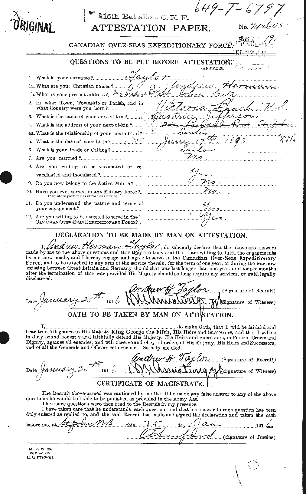 Dossiers du Personnel de la Première Guerre mondiale - CEC 626230a