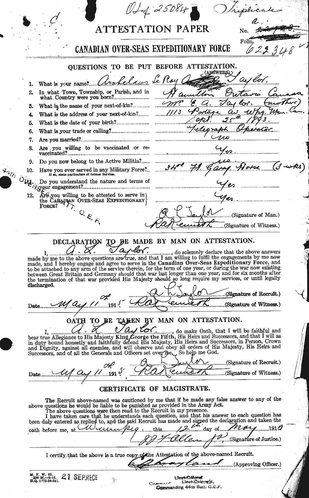 Dossiers du Personnel de la Première Guerre mondiale - CEC 626235a