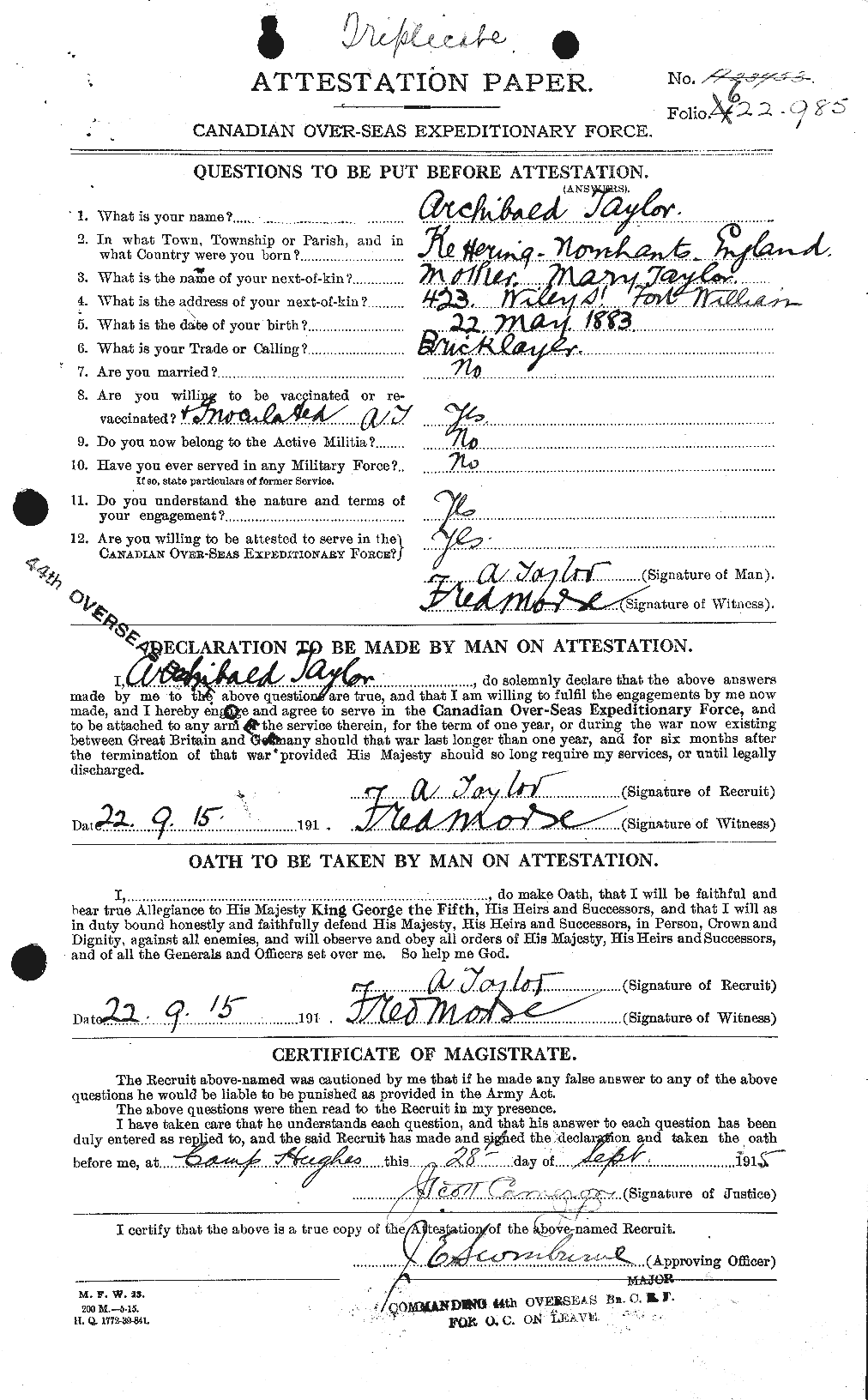 Dossiers du Personnel de la Première Guerre mondiale - CEC 626236a