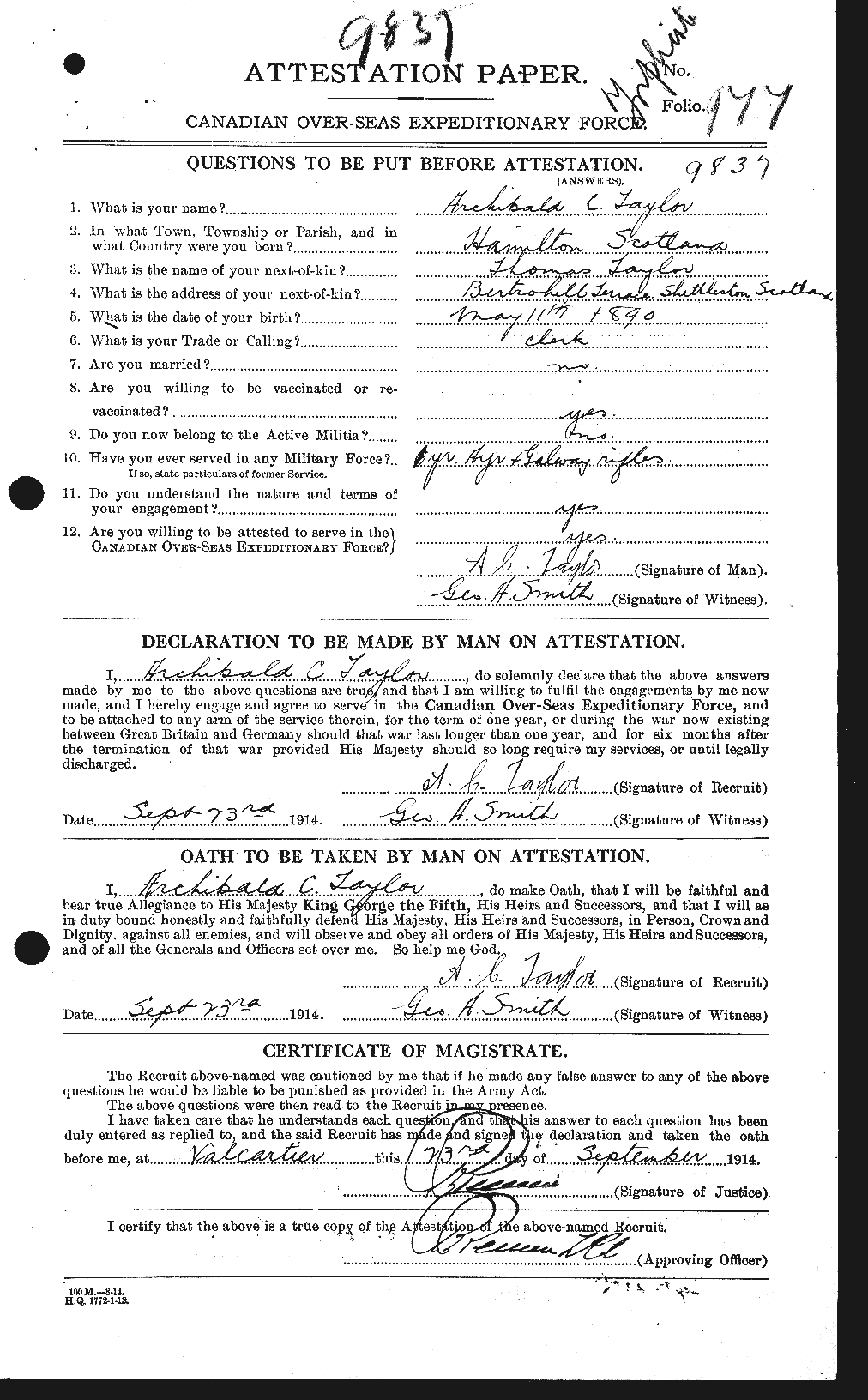 Dossiers du Personnel de la Première Guerre mondiale - CEC 626241a