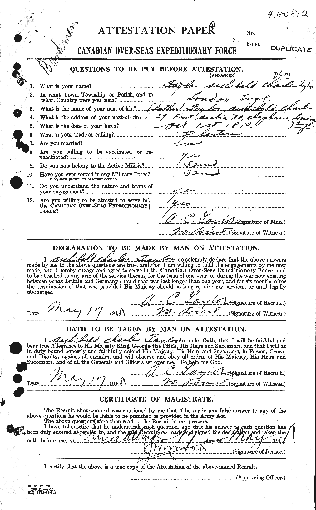 Dossiers du Personnel de la Première Guerre mondiale - CEC 626242a