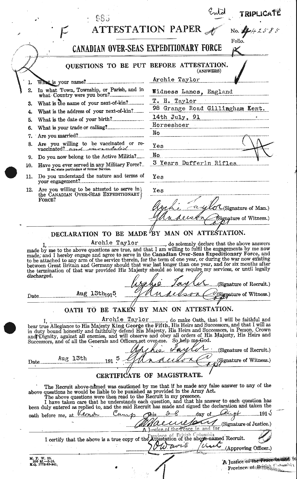 Dossiers du Personnel de la Première Guerre mondiale - CEC 626245a