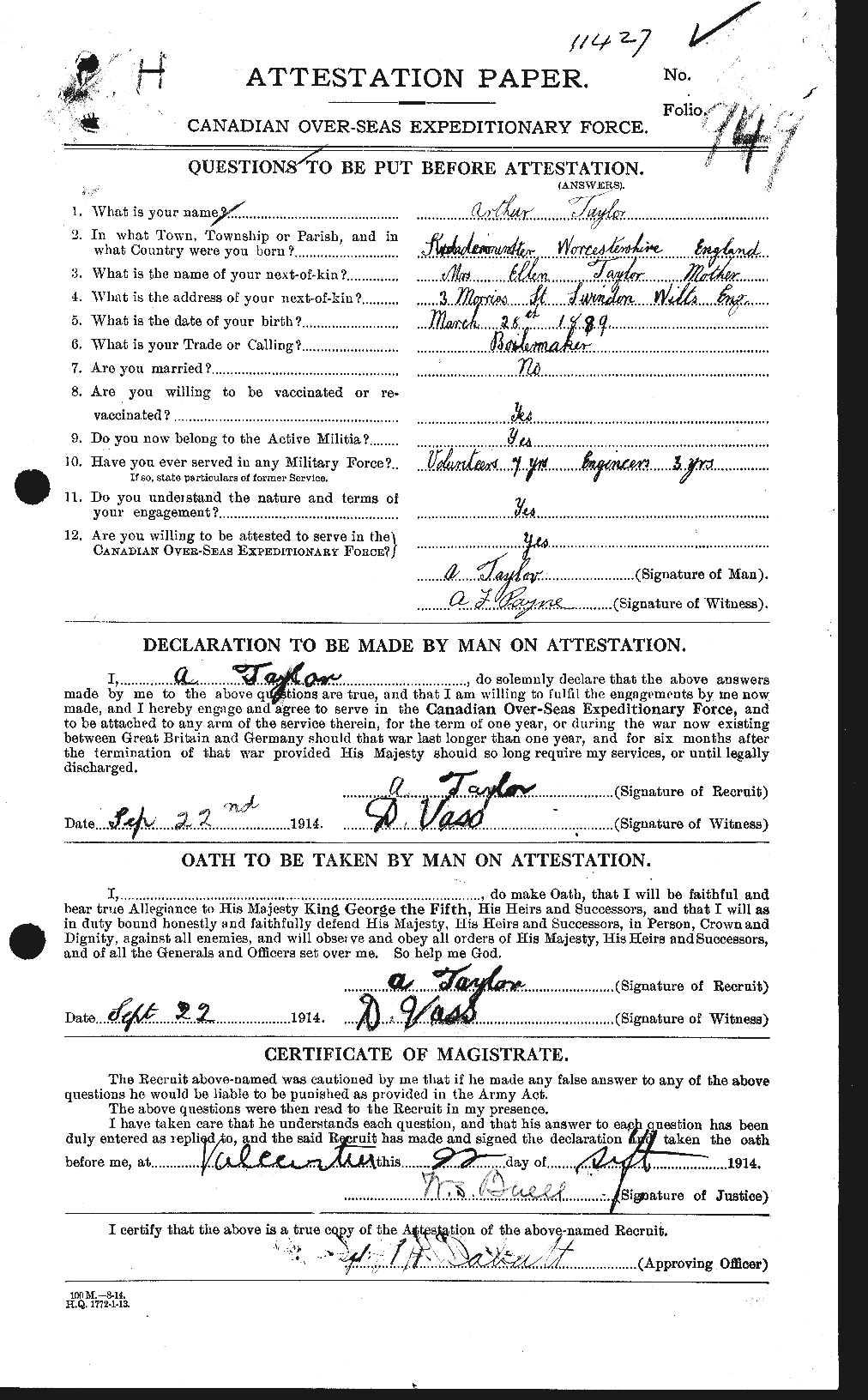 Dossiers du Personnel de la Première Guerre mondiale - CEC 626261a