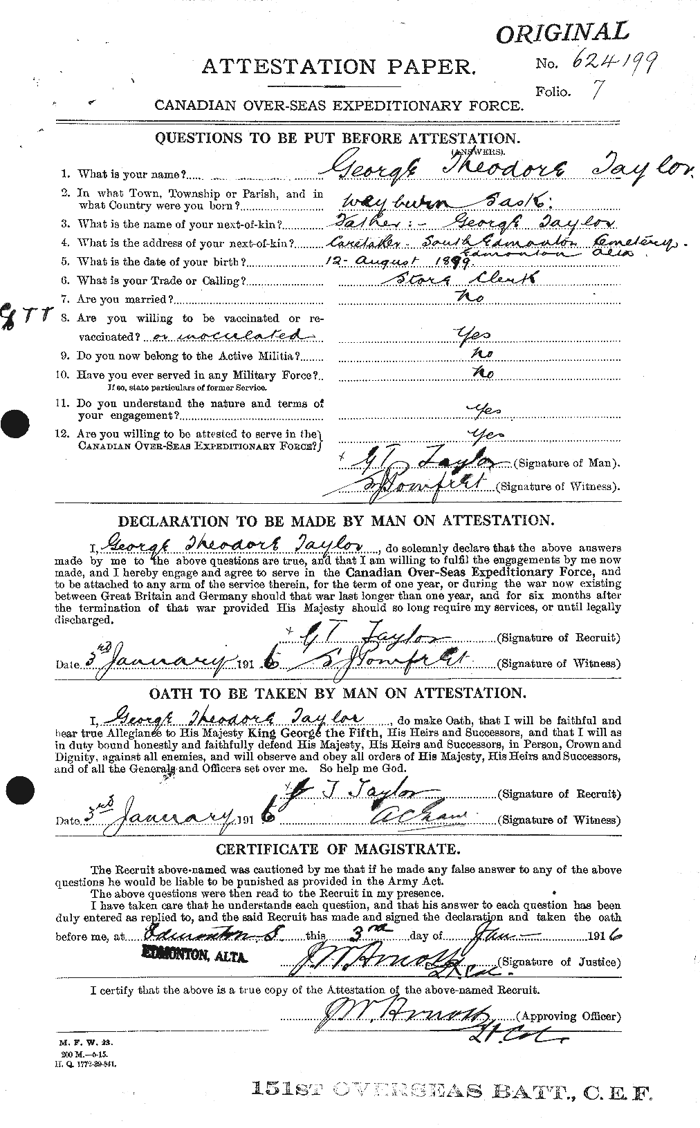 Dossiers du Personnel de la Première Guerre mondiale - CEC 626355a