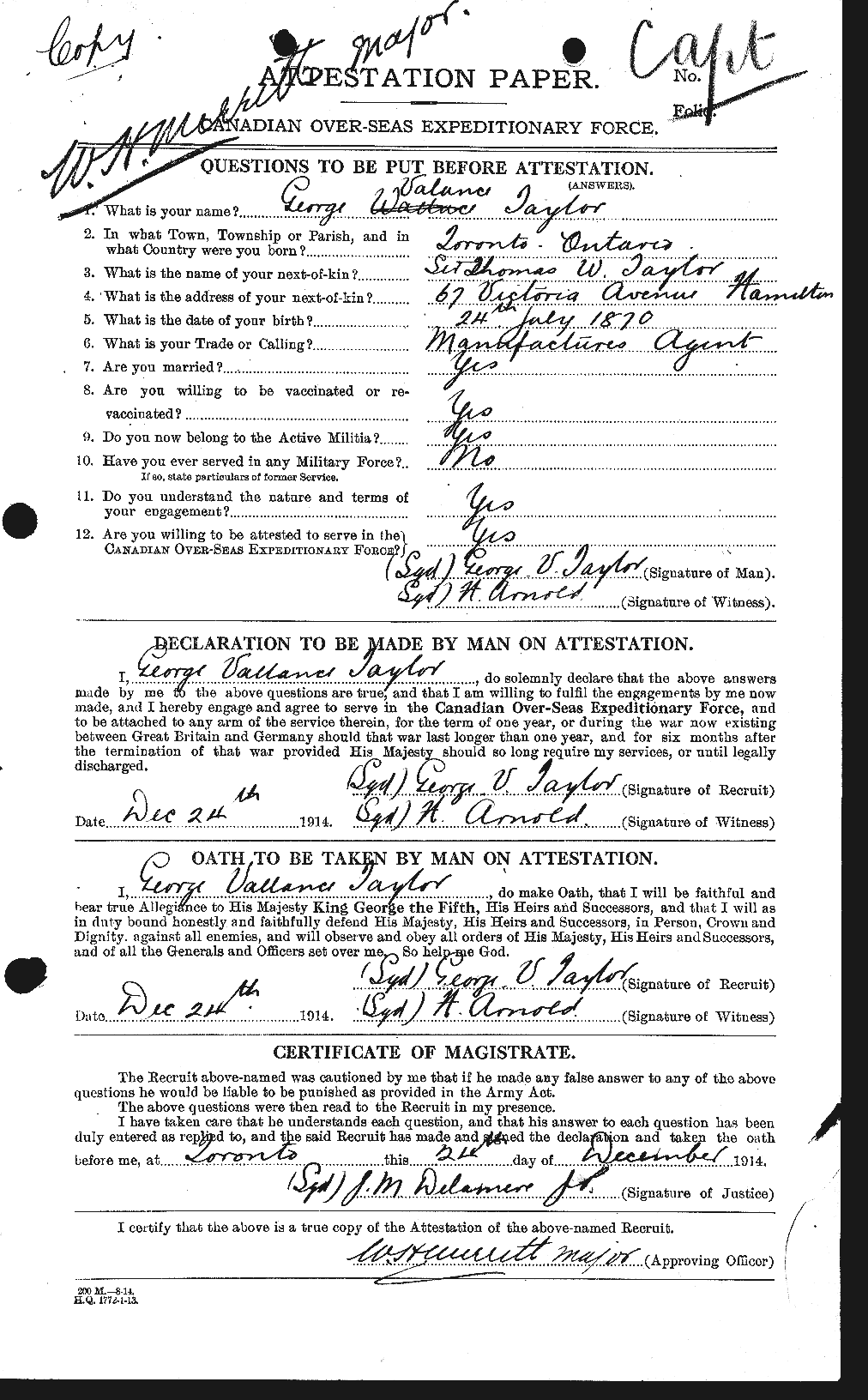 Dossiers du Personnel de la Première Guerre mondiale - CEC 626357a
